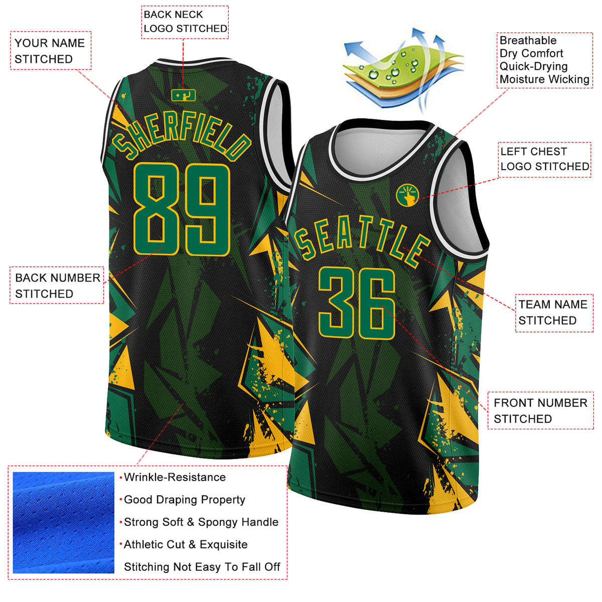 早い者勝ち XL BASKETBALL JERSEY XLARGE デザインと刺繍がPOINT Custom Black Kelly Green-Gold 3D Pattern Design Geometric