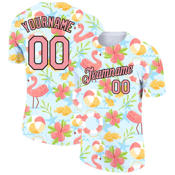 Custom White Medium Pink-Black 3D Pattern Design Tropical Hawaii Flamingo Performance T-Shirt