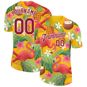 Custom Yellow Crimson-White 3D Pattern Design Tropical Hawaii Flamingo Performance T-Shirt