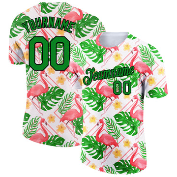 Custom White Grass Green-Black 3D Pattern Design Tropical Hawaii Flamingo Performance T-Shirt