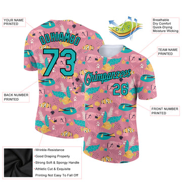 Custom Pink Aqua-Black 3D Pattern Design Summer Holiday Fish Performance T-Shirt
