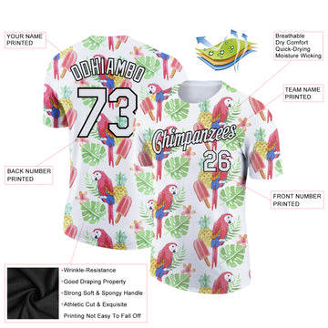 Custom White Black 3D Pattern Design Tropical Hawaii Bird And Fruit Performance T-Shirt