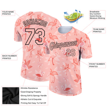 Custom Medium Pink Black 3D Pattern Design Tropical Hawaii Flamingo Performance T-Shirt