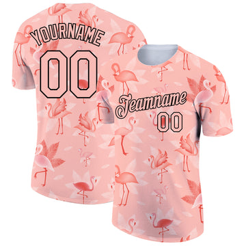 Custom Medium Pink Black 3D Pattern Design Tropical Hawaii Flamingo Performance T-Shirt