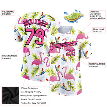 Custom White Pink-Black 3D Pattern Design Tropical Hawaii Flamingo Performance T-Shirt