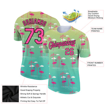 Custom Green Pink-Black 3D Pattern Design Tropical Hawaii Flamingo Performance T-Shirt