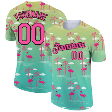 Custom Green Pink-Black 3D Pattern Design Tropical Hawaii Flamingo Performance T-Shirt