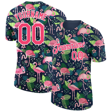 Custom Navy Neon Pink-White 3D Pattern Design Tropical Hawaii Flamingo Performance T-Shirt