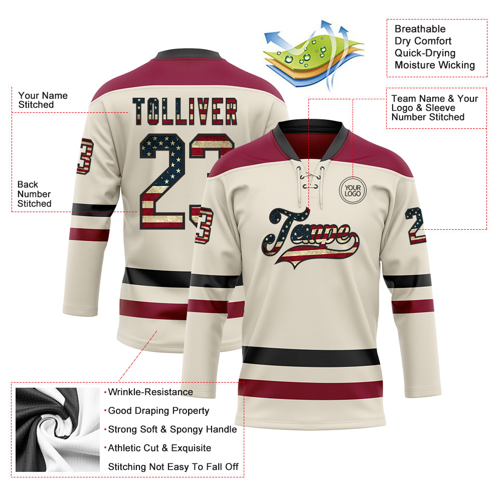 Custom Cream Vintage USA Flag BlackMaroon Hockey Lace Neck Jersey Discount