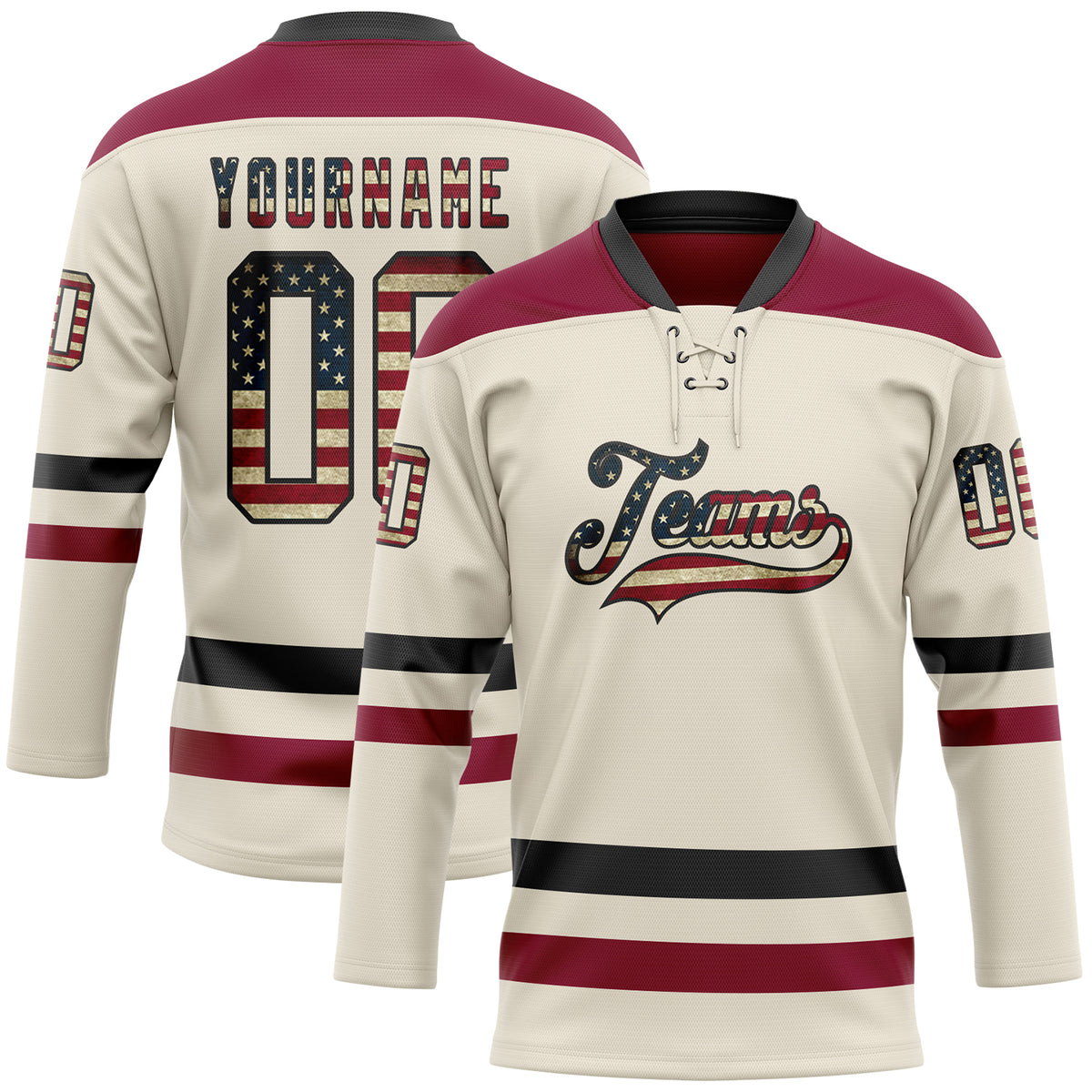 Custom Cream Vintage USA Flag BlackMaroon Hockey Lace Neck Jersey Discount