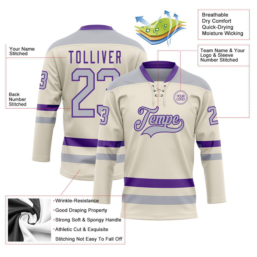 Custom Cream GrayPurple Hockey Lace Neck Jersey Discount