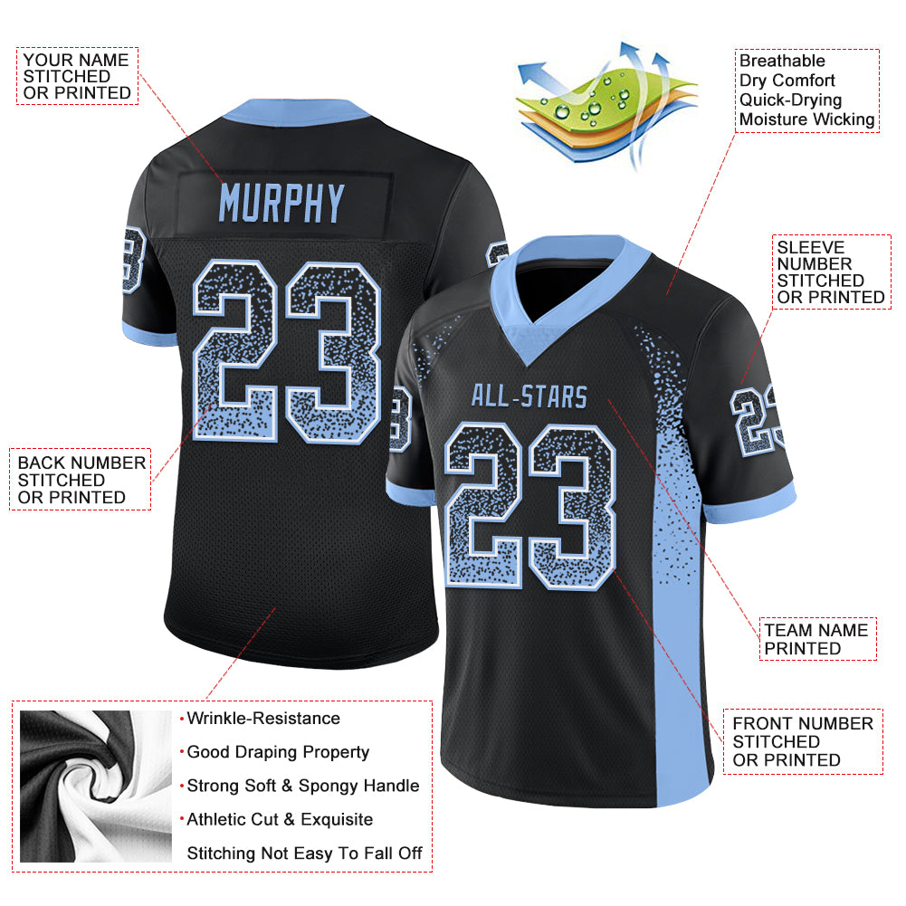 Custom Black Light Blue White Mesh Drift Fashion Football Jersey Discount 