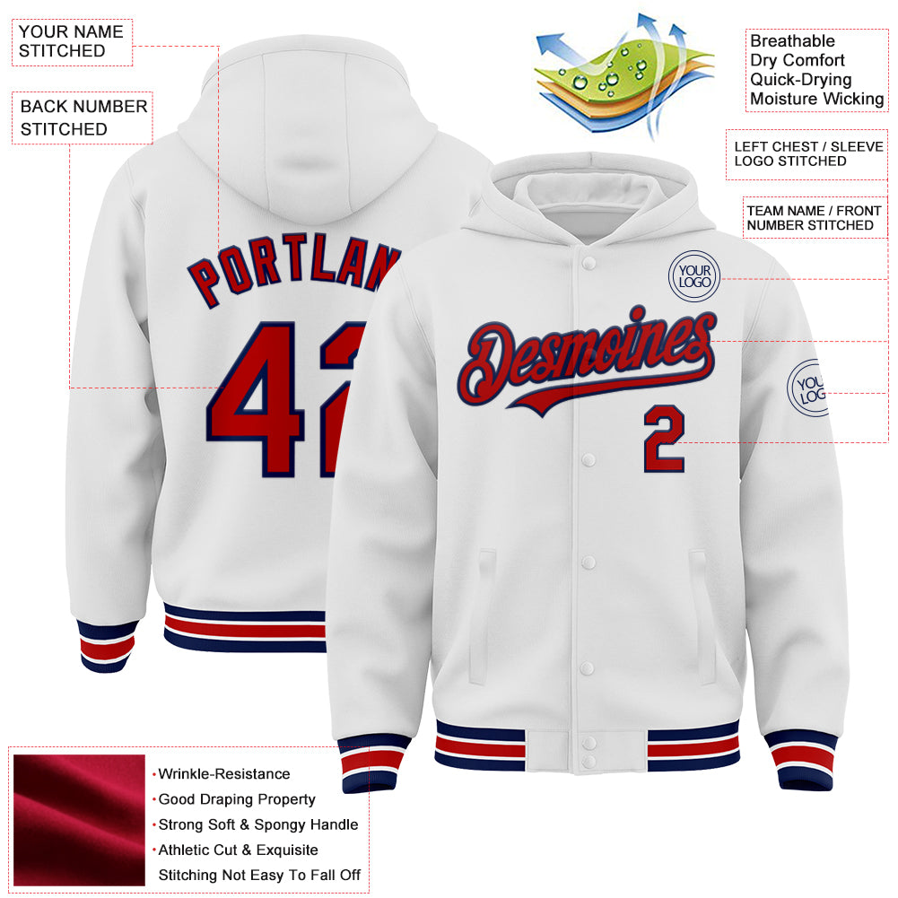 Custom White Red-Navy Classic Full-Snap Button Hoodie main image 0