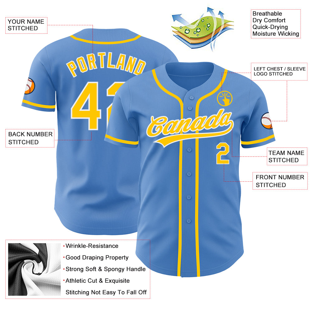 Custom Powder Blue Yellow-White Authentic Baseball Jersey Discount