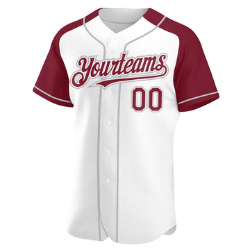 Custom White Crimson-Gray Authentic Raglan Sleeves Baseball Jersey