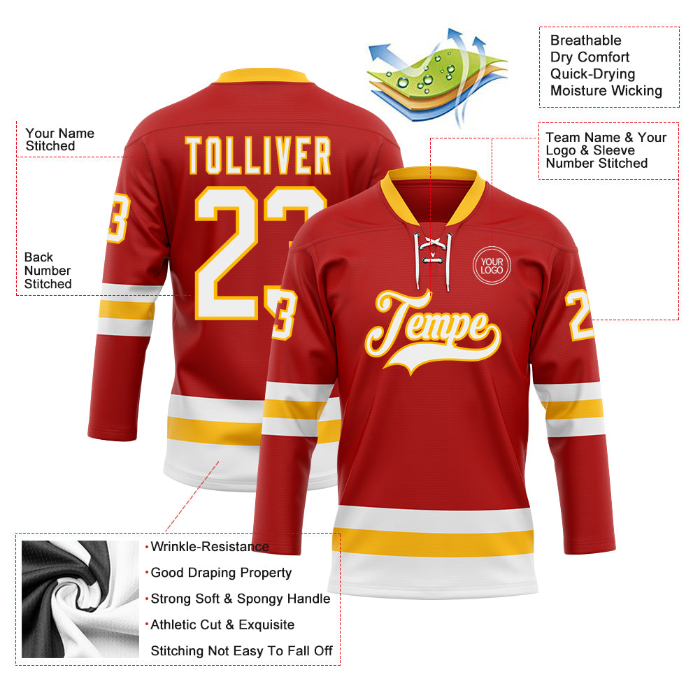 Custom Red White Red-Gold Classic Style Hockey Jersey main image 1