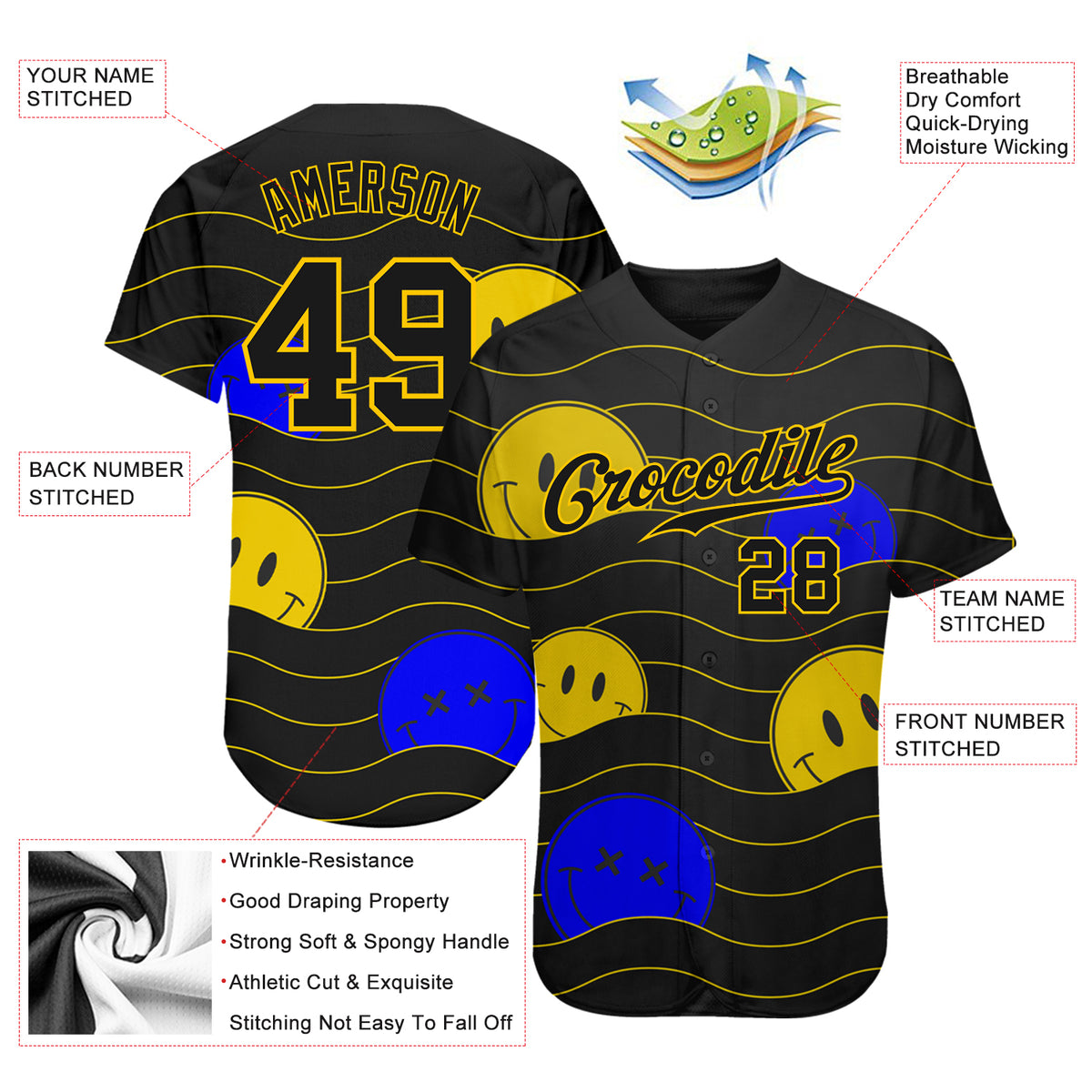 Custom 3D Pattern Design Smile Emoji Authentic Baseball Jersey Discount
