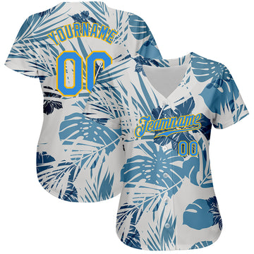 Custom White Powder Blue-Gold 3D Pattern Design Hawaii Palm Leaves And Flowers Authentic Baseball Jersey
