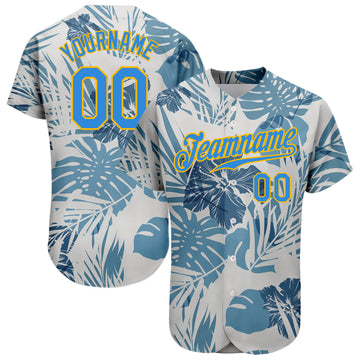 Custom White Powder Blue-Gold 3D Pattern Design Hawaii Palm Leaves And Flowers Authentic Baseball Jersey