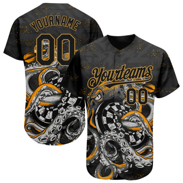 Custom Black Old Gold 3D Pattern Design Octopus Wrapped Around Dart Board Authentic Baseball Jersey