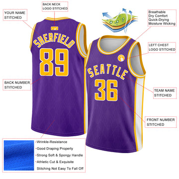 Custom Purple Gold-White Geometric Shapes And Side Stripes Authentic City Edition Basketball Jersey