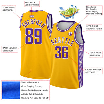 Custom Gold Purple-White Side Panel Abstract Lines Authentic City Edition Basketball Jersey