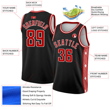 Custom Black Red-White Side Panel Abstract Lines Authentic City Edition Basketball Jersey