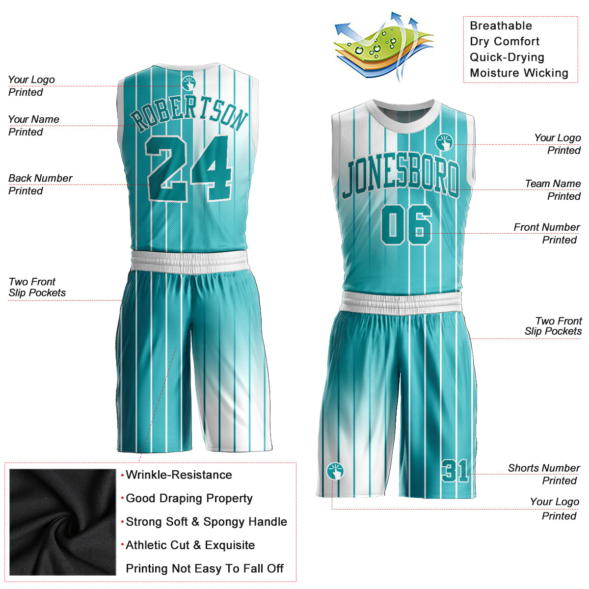 Custom Aqua Aqua-White Round Neck Sublimation Basketball Suit