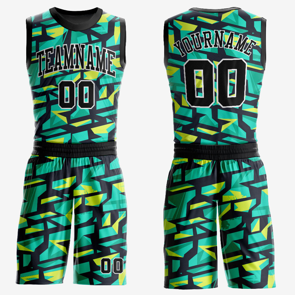 Custom Aqua Black-Neon Green Round Neck Sublimation Basketball Suit Jersey  Discount