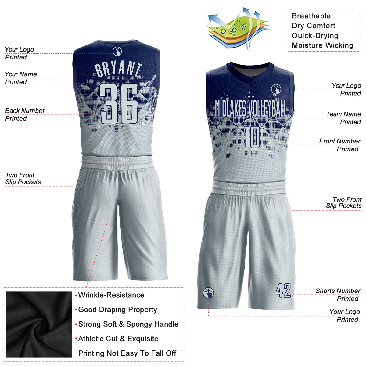 Custom Navy Silver Round Neck Sublimation Basketball Suit Jersey Discount