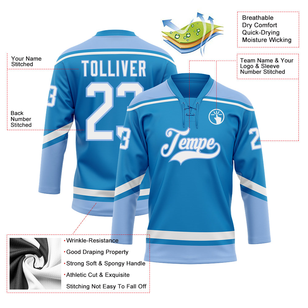 Source sky blue team color v lace neck front logo stitching hockey