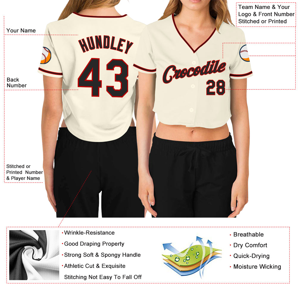 Custom Women's Cream Black-Red V-Neck Cropped Baseball Jersey Discount
