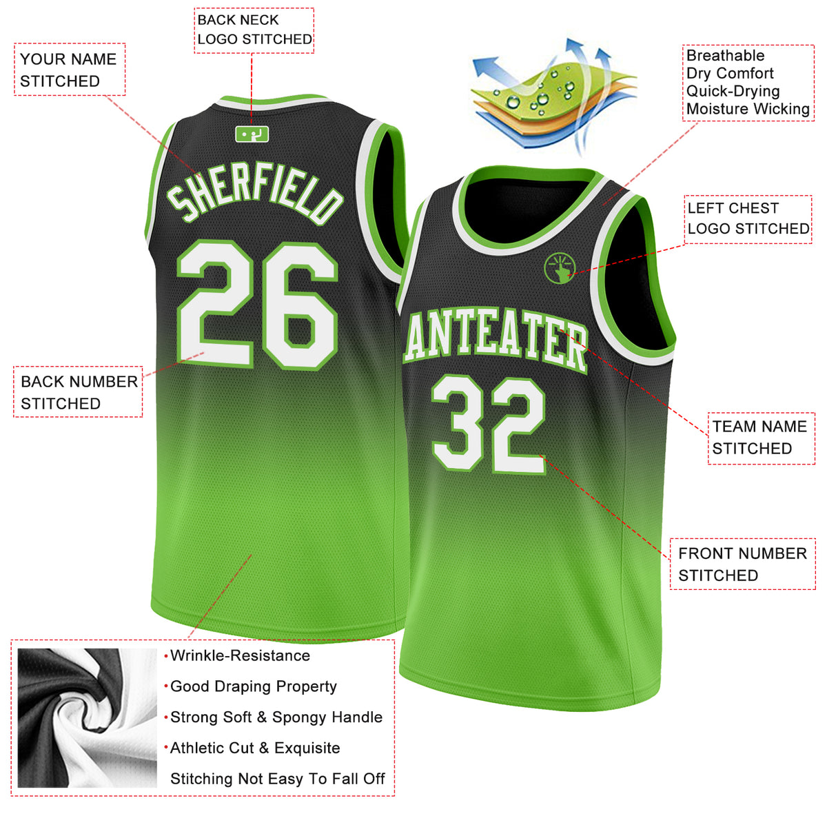 Custom Black White-Neon Green Authentic Fade Fashion Basketball Jersey  Discount