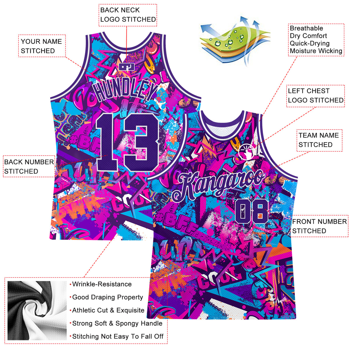 Custom Graffiti Pattern Purple-White 3D Words Authentic Basketball
