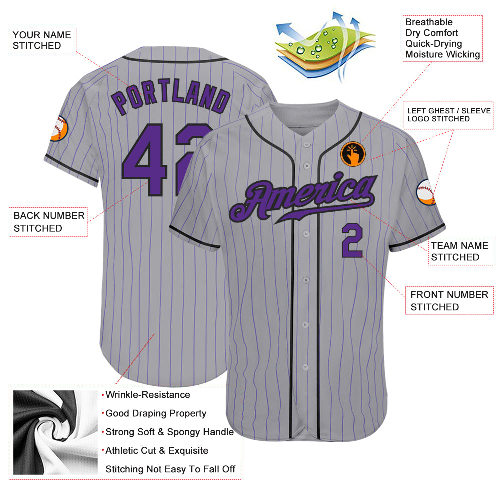 Custom Gray Purple Pinstripe Purple-Black Authentic Baseball Jersey Discount