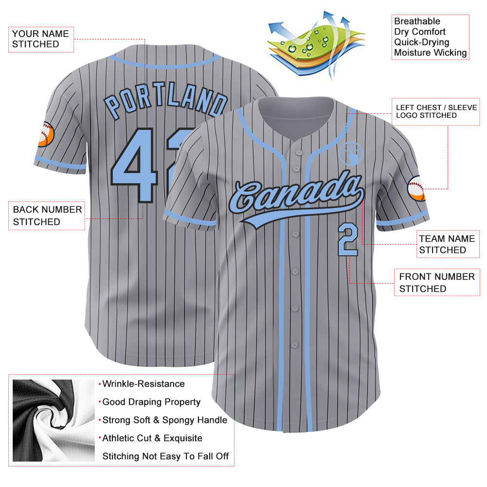 Custom Gray Black Pinstripe Light Blue Authentic Baseball Jersey