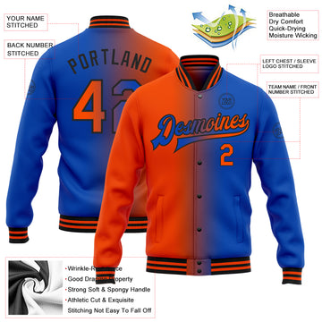 Custom Thunder Blue Orange-Black Bomber Full-Snap Varsity Letterman Gradient Fashion Jacket