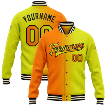 Custom Neon Yellow Bay Orange-Black Bomber Full-Snap Varsity Letterman Gradient Fashion Jacket