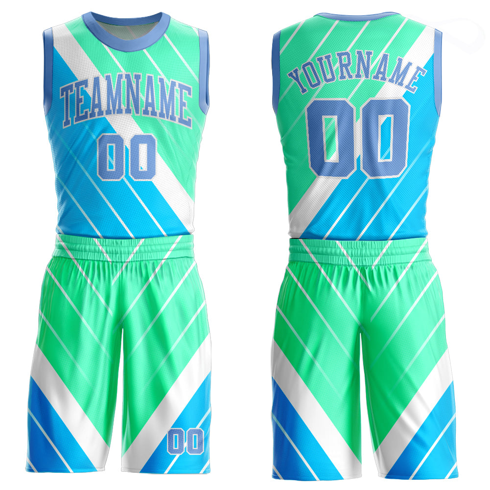 Custom Blue Black-White Round Neck Sublimation Basketball Suit Jersey  Discount