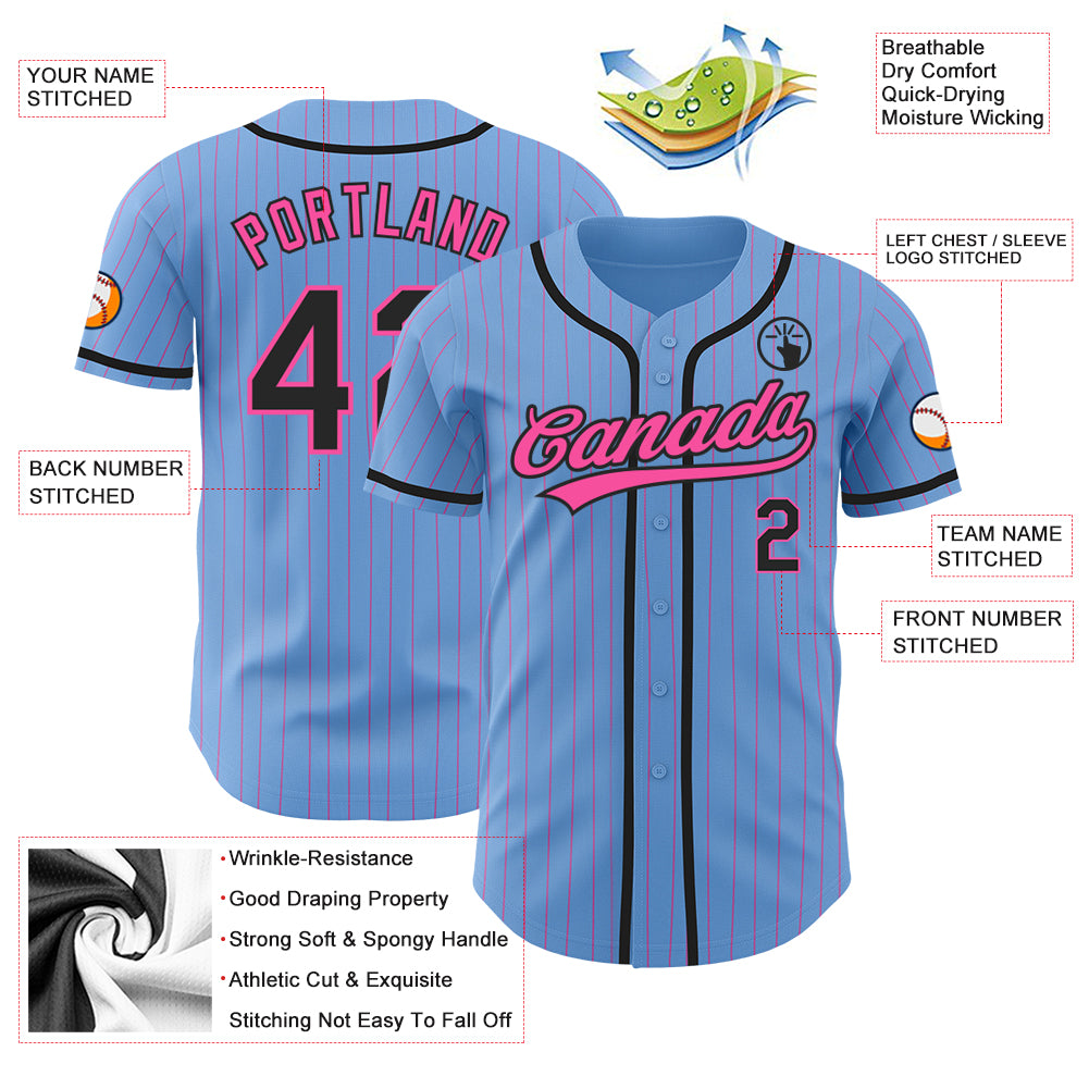 Custom Light Blue Pink Pinstripe Black Authentic Baseball Jersey Discount