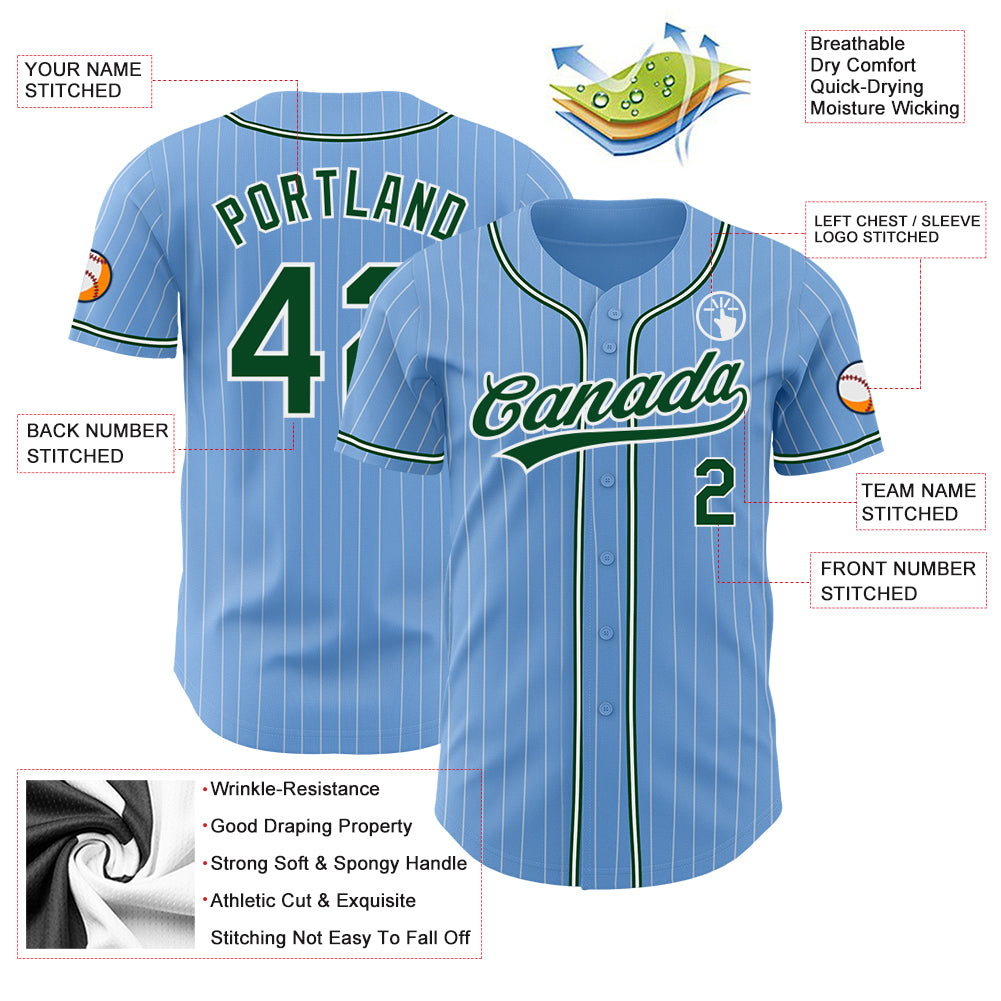 Custom Light Blue White Pinstripe Green Authentic Baseball Jersey Discount