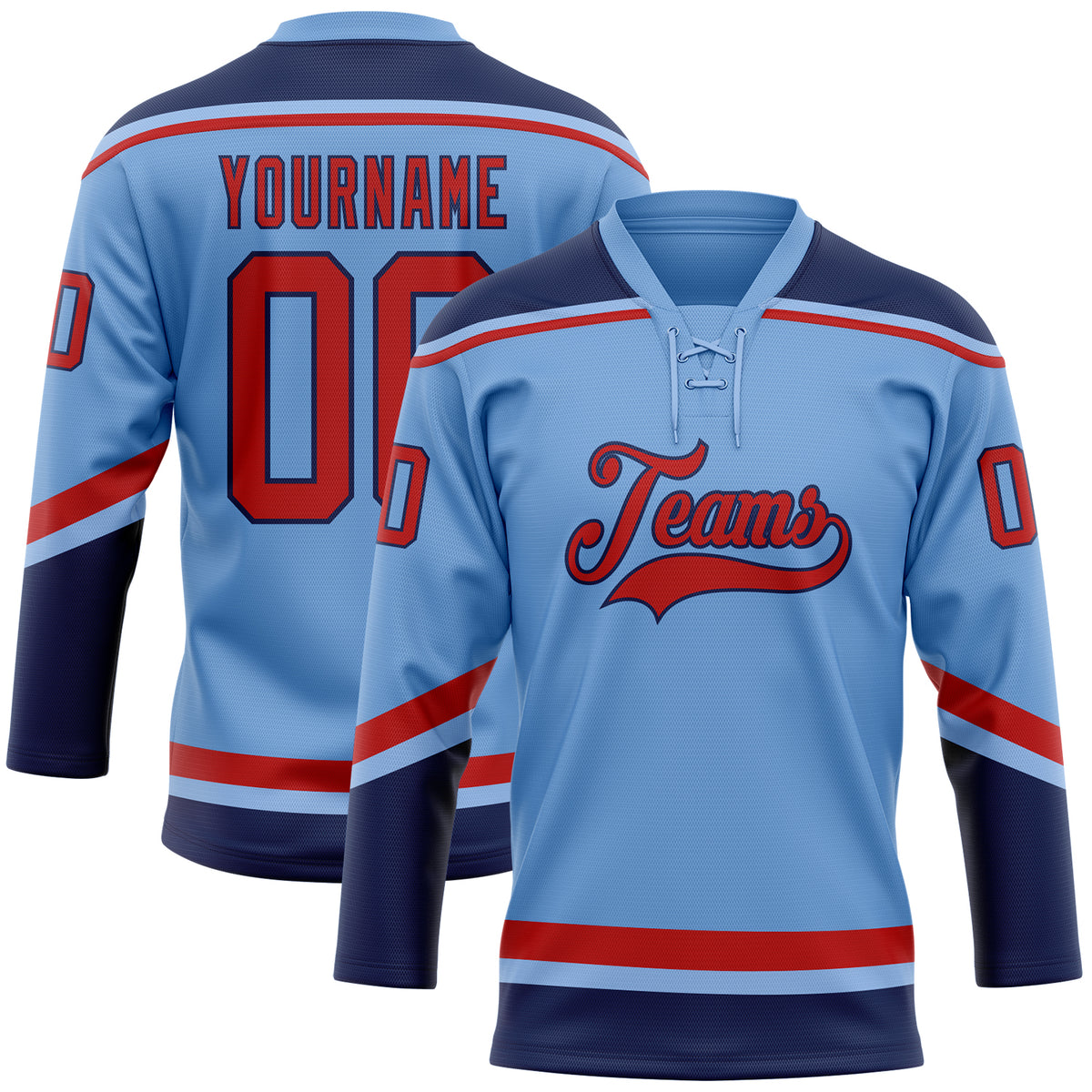 Custom Light Blue Red-Navy Hockey Lace Neck Jersey Discount