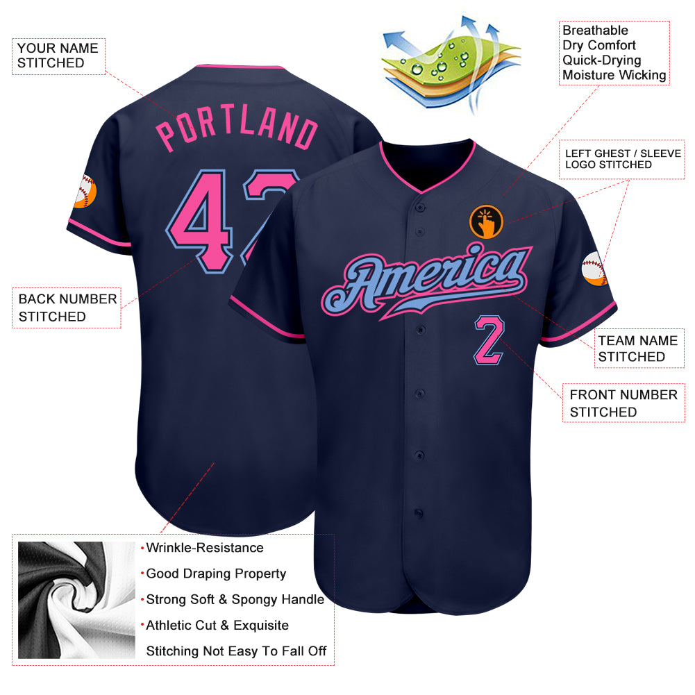 Custom Navy Pink-Light Blue Authentic Baseball Jersey Discount