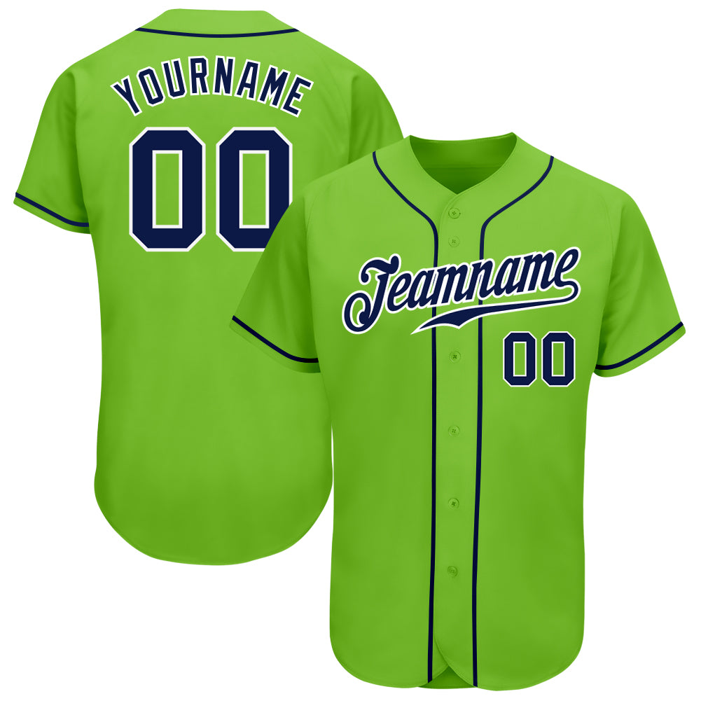 Custom Neon Green Navy-White Authentic Baseball Jersey Discount