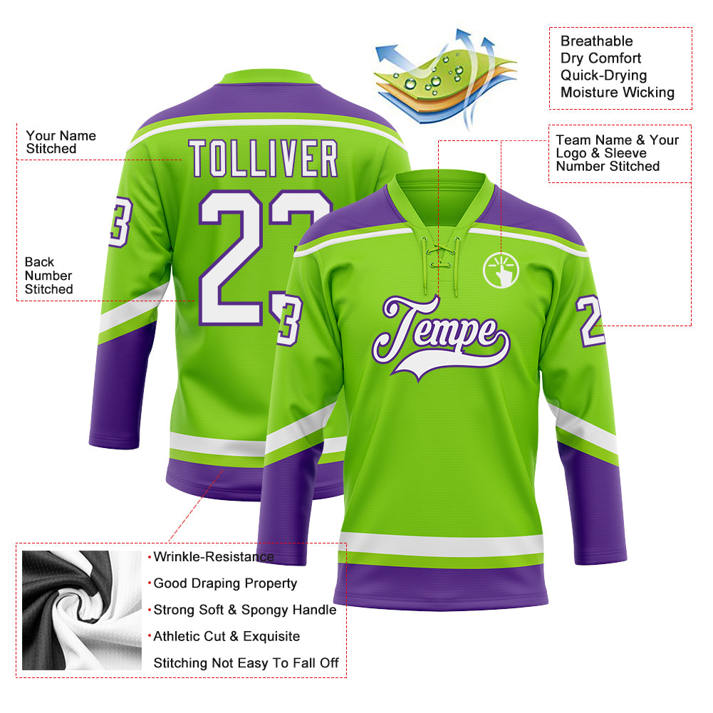 Custom Hockey Jersey Neon Green Purple-White