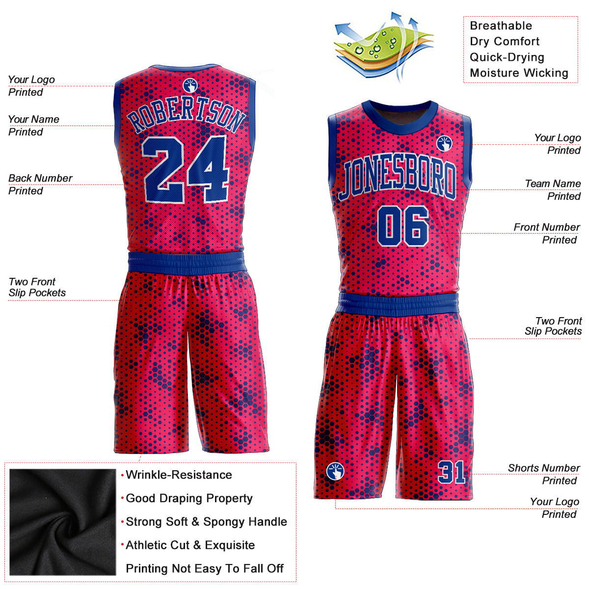 Custom Pink Light Blue Black-White Round Neck Sublimation Basketball Suit  Jersey