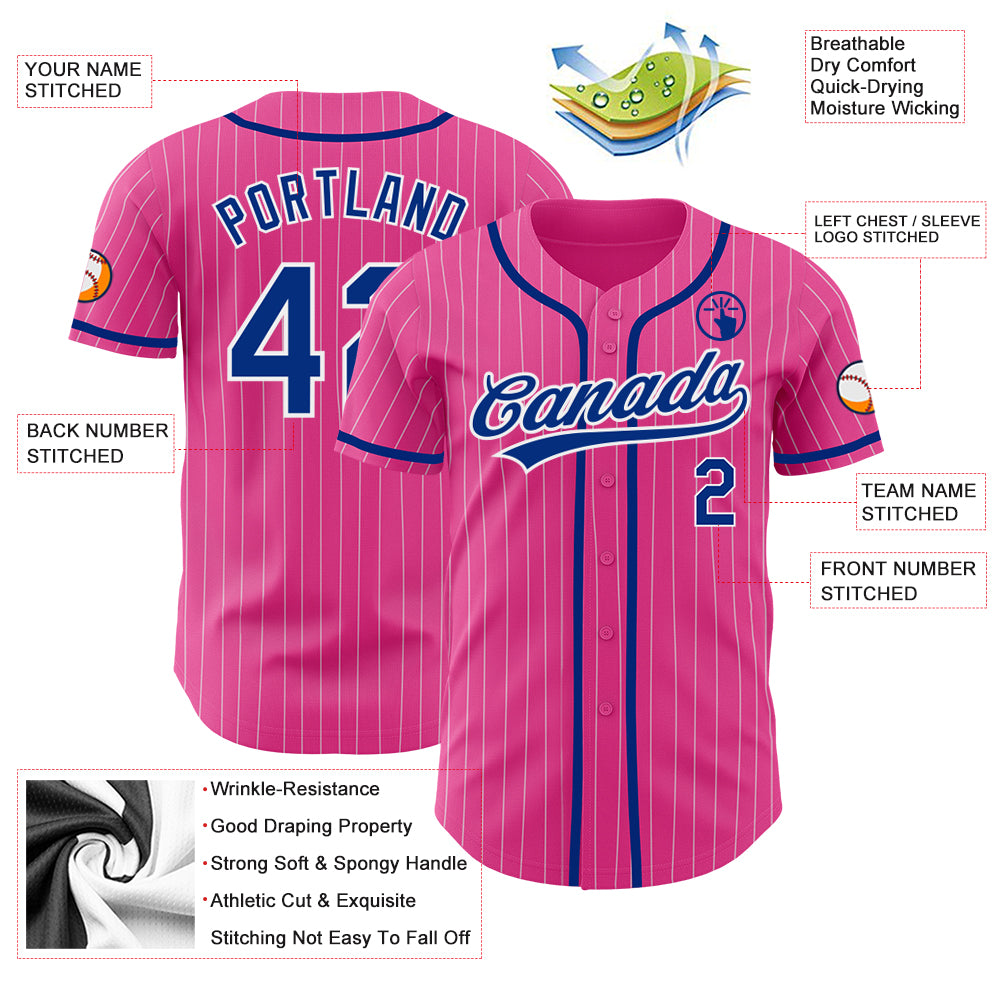 Custom Pink White Pinstripe Royal Authentic Baseball Jersey Discount