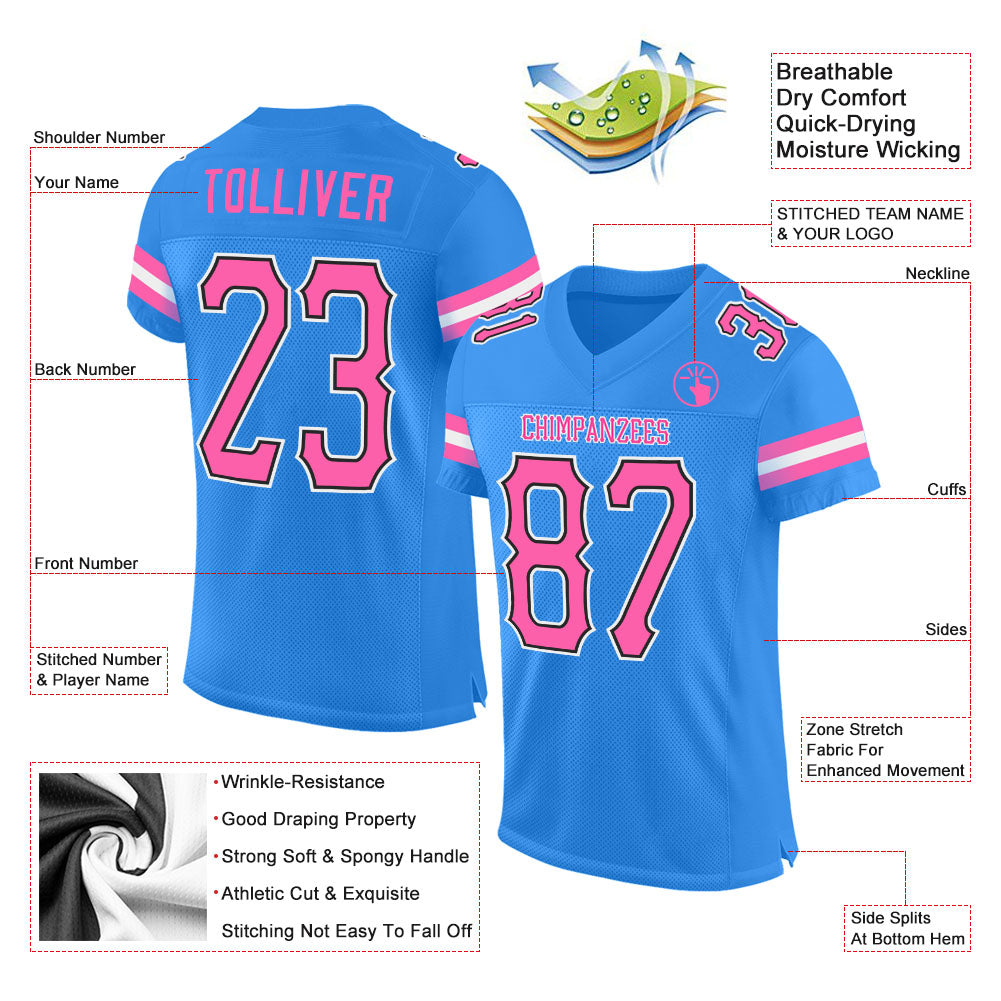 Custom Powder Blue Pink-Black Mesh Authentic Football Jersey Discount