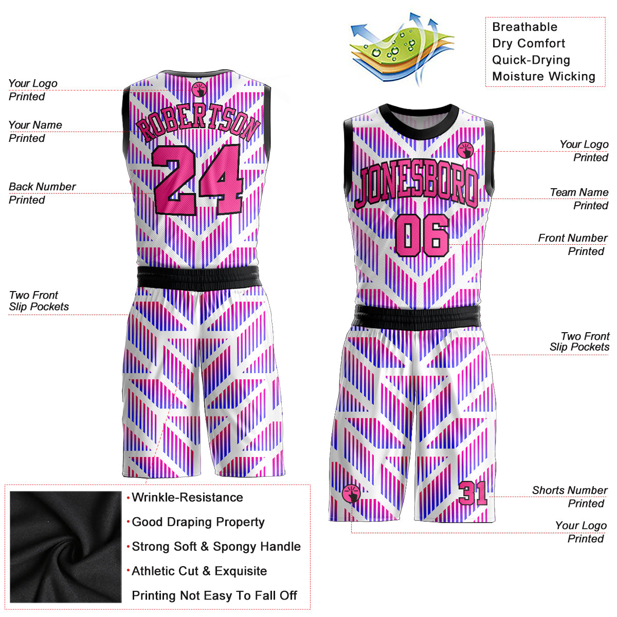 Custom Purple Pink-Black Round Neck Sublimation Basketball Suit Jersey  Discount