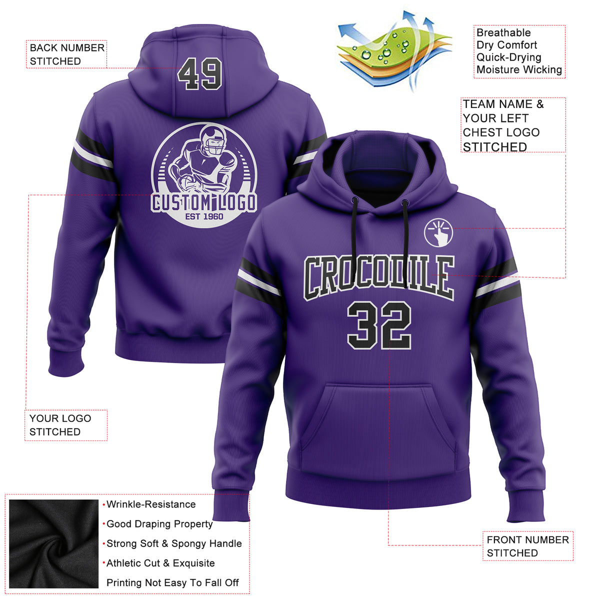 Custom Stitched Purple Black-White Football Pullover Sweatshirt